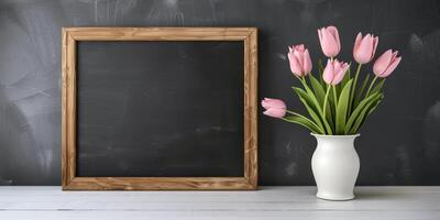 Wooden frame and pink tulips on a black background photo