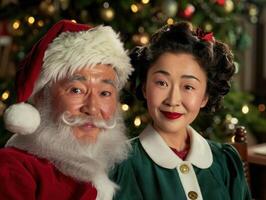 festive asian couple in front of christmas tree photo
