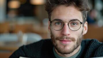 Thoughtful young man with glasses and beard photo