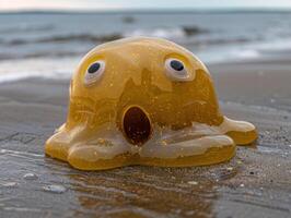 Adorable yellow rubber duck on beach photo