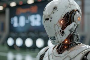 Close up of a futuristic robot helmet with glowing lights photo