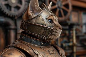 Armored cat warrior in fantasy battle gear photo