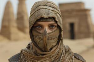 mysterious desert warrior with covered face photo