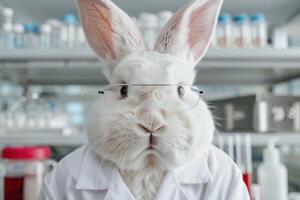 Curious lab rabbit in glasses photo