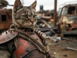 Curious cat on rusty machinery in junkyard photo