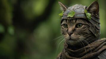Adventurous cat with leaf crown in forest photo
