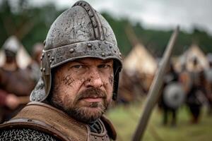 Fierce medieval warrior with battle worn armor and stern expression photo