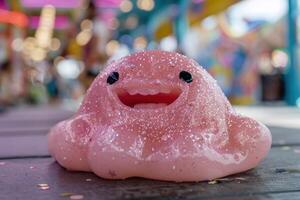 Glittery pink plush toy with a happy expression photo