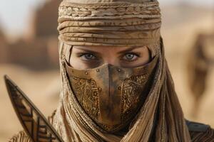 Mysterious desert warrior with piercing eyes photo