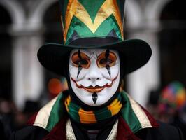 Creepy clown in costume with mask and hat photo
