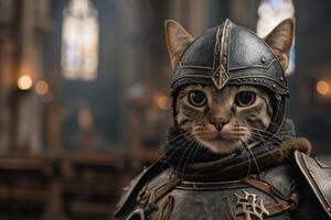 Armored cat warrior in battle stance photo
