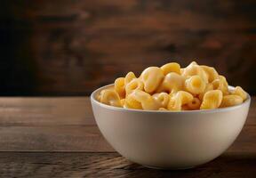 Delicious macaroni and cheese in a white bowl on a wooden table photo