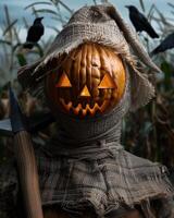 Spooky scarecrow with jack o lantern head photo