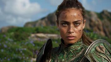 Determined warrior woman in nature photo