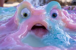 Colorful, vibrant, and whimsical close up of a transparent, gelatinous creature photo