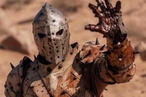 Armored warrior with spiked gauntlet in a desert setting photo