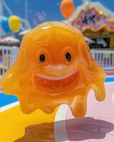 Smiling orange jelly toy in a colorful carnival setting photo