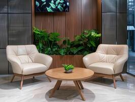 modern office lobby with comfortable seating and greenery photo