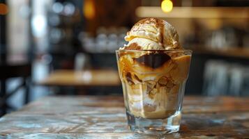 Delicious ice cream sundae with caramel sauce and whipped cream photo