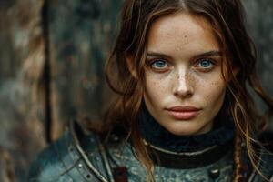 Thoughtful young woman with freckles and blue eyes photo