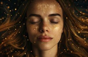Magical woman with glowing golden makeup photo