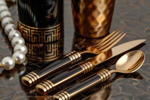 Elegant table setting with golden cutlery and patterned glassware photo