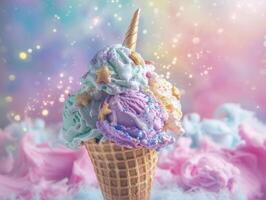 magical unicorn ice cream cone with sparkles photo