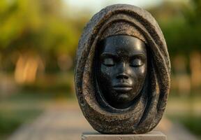 Mysterious stone sculpture of a hooded figure photo
