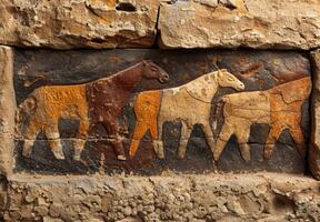 ancient rock carvings of horses photo