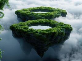 Surreal floating island covered in lush green moss photo