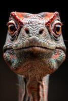 Close up of a colorful chameleon with intricate scales and striking eyes photo