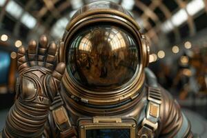Astronaut in spacesuit with reflection in helmet photo