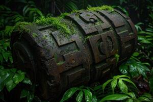Rusted treasure chest covered in moss in lush jungle photo