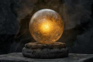 Glowing golden orb on a dark background photo
