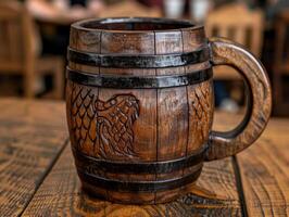 Ornate wooden beer mug with carved design photo
