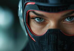 Mysterious person in black helmet and mask photo