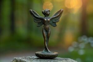 Mystical bronze angel statue in nature photo
