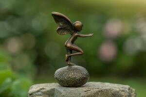bronze fairy statue on rock in nature photo