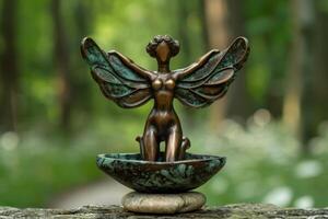 Whimsical bronze fairy statue in a lush green forest photo