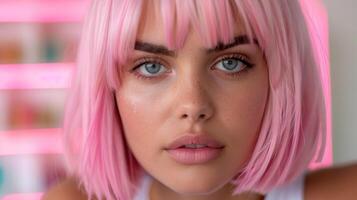 Captivating portrait of a woman with vibrant pink hair photo