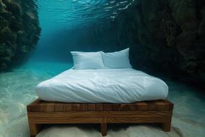 Underwater bedroom with white bedding and wooden frame photo