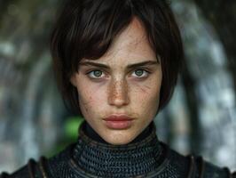 Portrait of a young woman with striking green eyes and freckles photo