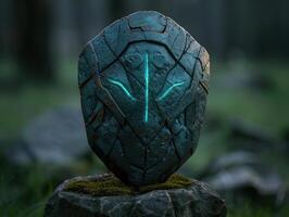 Glowing ancient relic on moss covered rock photo