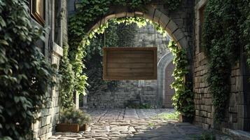 Enchanting stone archway with hanging vines photo