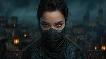 mysterious masked figure in urban setting photo