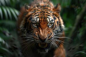 Close up of a fierce tigers face in the jungle photo
