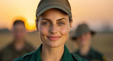 portrait of smiling woman in green uniform at sunset photo