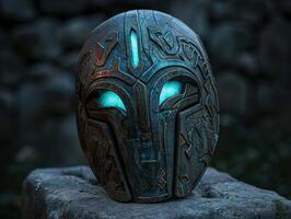 Intricate carved mask with glowing blue eyes photo
