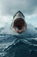 Fearsome great white shark with open jaws emerging from the ocean photo
