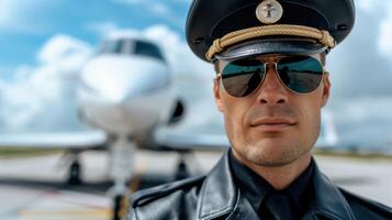 Pilot in uniform with sunglasses standing in front of private jet photo